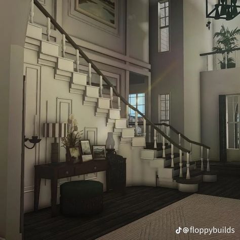 Roblox Bloxburg House Ideas Vintage, Vintage Modern Bloxburg House, Bloxburg Academia House, Dark Bloxburg House Interior, Bloxburg House Ideas Interior Stairs, Bloxburg Homes Realistic, Bloxburg Naberhood, Bloxburg Interior Entrance, Scary Bloxburg Houses