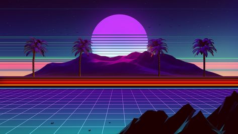 80s Background, Vaporwave Wallpaper, Wallpaper Retro, Desktop Wallpaper Art, Full Hd Wallpaper, Wallpaper Gallery, Retro Waves, Landscape Features, Beach Wallpaper