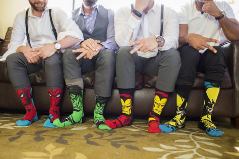 Groomsmen superhero socks, superhero wedding comic book details, the hulk, iron man, wolverine, Spider-Man Superhero Socks, Quick Wedding, Superhero Wedding, 2nd Wedding Anniversary, Wedding Socks, Wedding Vows Renewal, Wedding Photography Styles, When I Get Married, Craft Wedding