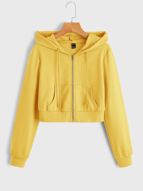 Cheap Yellow Hooded Top, Yellow Winter Hooded Top With Drawstring, Cheap Yellow Casual Hoodie, Cheap Yellow Sweatshirt With Drawstring Hood, Yellow Hooded Sweatshirt With Drawstring, Crop Pullover, Thermal Hoodie, Lined Hoodie, Short Coat