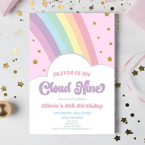 9th Birthday Party, 9th Birthday Parties, Kids Birthday Party Invitations, 10th Birthday Parties, Birthday Card Template, Cloud Nine, Birthday Invitations Girl, Pink Rainbow, Party Girl