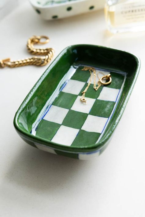 Green Checkered Ceramic Trinket Dish | Rockett St George Painted Catch All Dish, Pottery Checkered, Pottery Painting Trinket Dish, Trinket Dishes Clay, Clay Trinket Dish, Ceramic Trays, Clay Tray, Ceramic Trinket Dish, Ceramic Cafe