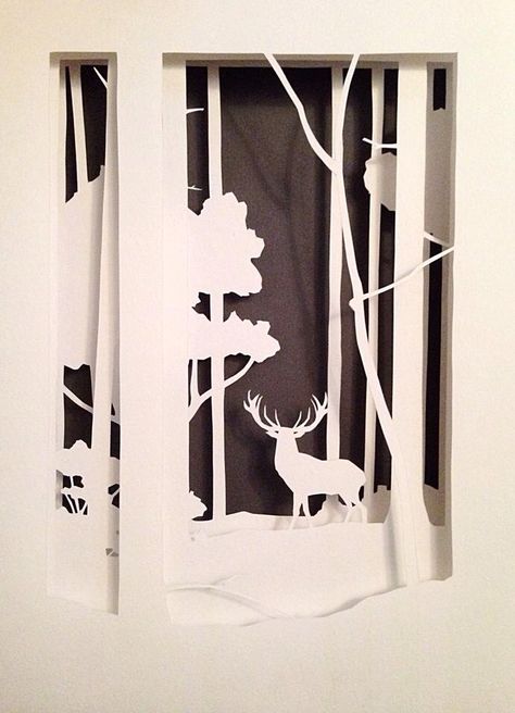 'King of the forest'. Layered papercut. www.richardjmason.com Layered Paper Scene, 3d Paper Art Forest, Cricut Layered Paper Art Horse, Layered Paper Art Forest, Alice In Wonderland Layered Paper Art, Christmas Window Display, Christmas Window, Crafty Craft, Paper Art