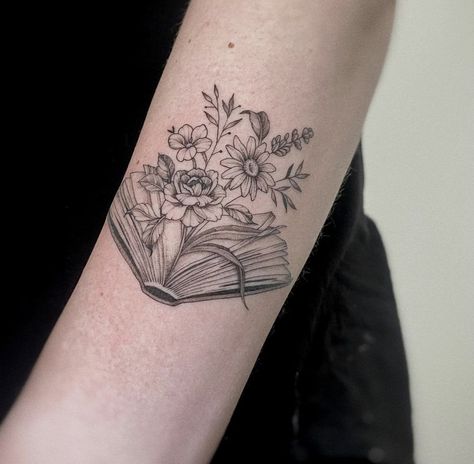 4:44 Tattoo Ideas, Bookish Spine Tattoos For Women, Book Leg Tattoo, Open Book With Flowers Tattoo, Books With Flowers Tattoo, Book And Flowers Tattoo, Book Tattoos With Flowers, Book Floral Tattoo, Best Friend Book Tattoos