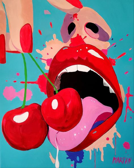 Pop Art Fruit, Lips Illustration, Pop Art Lips, Lips Art, Sassy Wallpaper, Pop Art Painting, Sweet Cherries, Cyberpunk Art, Arte Pop