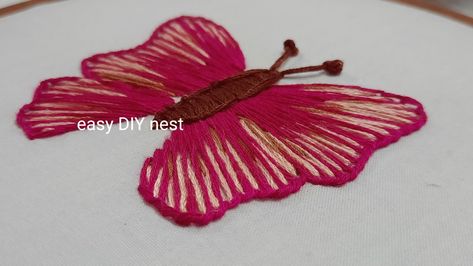 Embroidery. Stitch Embroidery Butterfly Easy, Butterfly Embroidery Easy, Embroider Butterfly, Hand Embroidery Butterfly, Butterfly Step By Step, Simple Hand Embroidery, Easy Butterfly, Embroidery Butterfly, Butterfly Tutorial