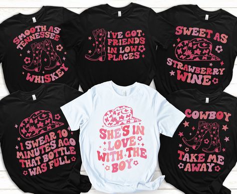 These custom country music Nashville retro western bachelorette party bridesmaid shirts are perfect for a bridal shower or girls trip. Wear an Austin bachelorette shirt to celebrate in style! WE HAVE MATCHING KOOZIES NOW!! https://rebrand.ly/gtuliiz 🌺 H O W - T O - O R D E R 1. Please select variants from drop down menu 2. If applicable, type in your customization in the personalization box 3. If you are buying multiple items, add each item to your cart separately 4. Got to checkout and purchas Nashville Birthday Koozie, Nashville Group Shirts, Boot Scootin Bachelorette, Nashville Bachelorette Tshirt Ideas, Nashville Girls Trip Shirts, Bridesmaids Shirts Ideas, Bridal Shirts Ideas, Bachelorette Party Shirt Ideas, Nashville Bachelorette Party Themes