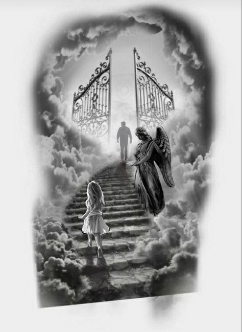 Heavens Gates Tattoo Design, Tatto Clock, Stairs To Heaven Tattoo, Gates Of Heaven Tattoo, Rip Tattoos For Dad, Stairway To Heaven Tattoo, Heaven Tattoo, Guardian Angel Tattoo, Rip Tattoo