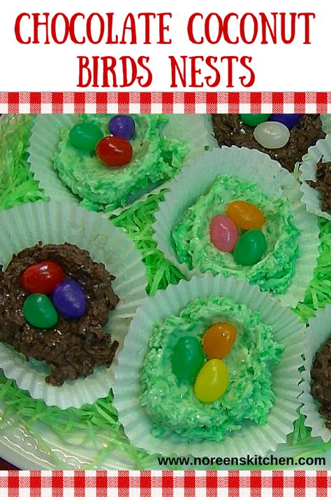 These are a copycat of a childhood Easter treat!  The Old Fashioned Russel Stover's Chocolate Coconut Birds Nests!  I made two different kinds.  My favorite white chocolate with green tinted coconut and a semi sweet chocolate.  All have three little jelly bird eggs nestled inside.  Perfect for your Easter baskets!  Enjoy! Coconut Birds Nest Recipe, Easter Birds Nest Treats, Easter Nest Treats, Coconut Nests, Coconut Eggs, Birds Nests Recipe, Easter Birds Nest, Easter Deserts, Chocolate Nests