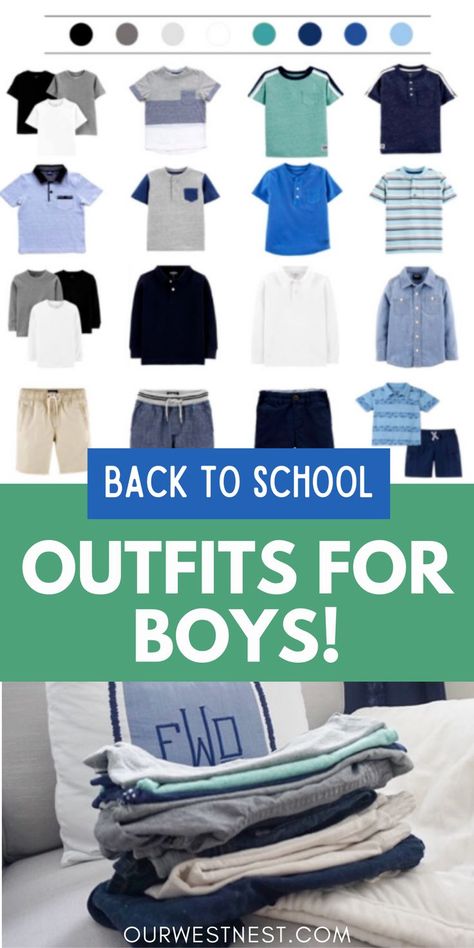 Capsule wardrobe for boys back to school outfits. Boys First Day Of School Outfit, Back To School Capsule Wardrobe Kids, Toddler Boy School Outfits, Back To School Outfits Boys, Boys Capsule Wardrobe Back To School, School Clothes Boys, Sell Old Clothes, Boys Fall Fashion, Boys School Outfits