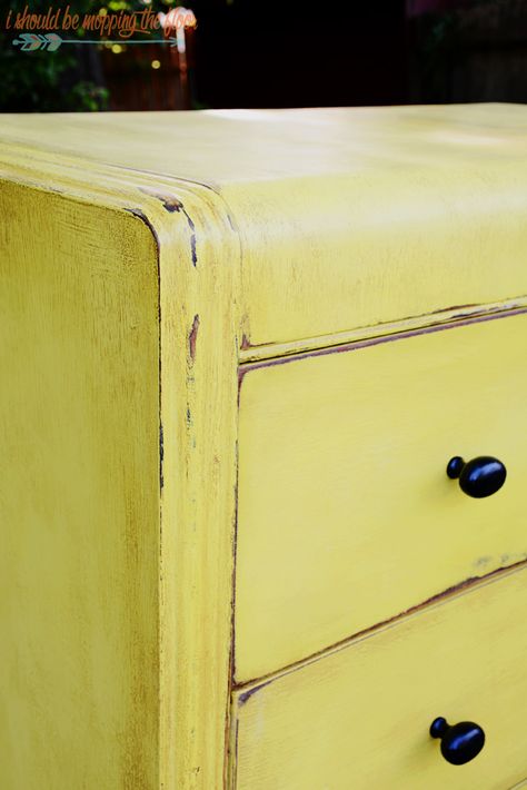 Yellow Furniture Makeover, Waterfall Chest Of Drawers Makeover, Painted Waterfall Vanity, Painted Waterfall Dresser, Art Deco Dresser Makeover, Waterfall Dresser Makeover, Painted Waterfall, Art Deco Waterfall Dresser, Yellow Chalk Paint