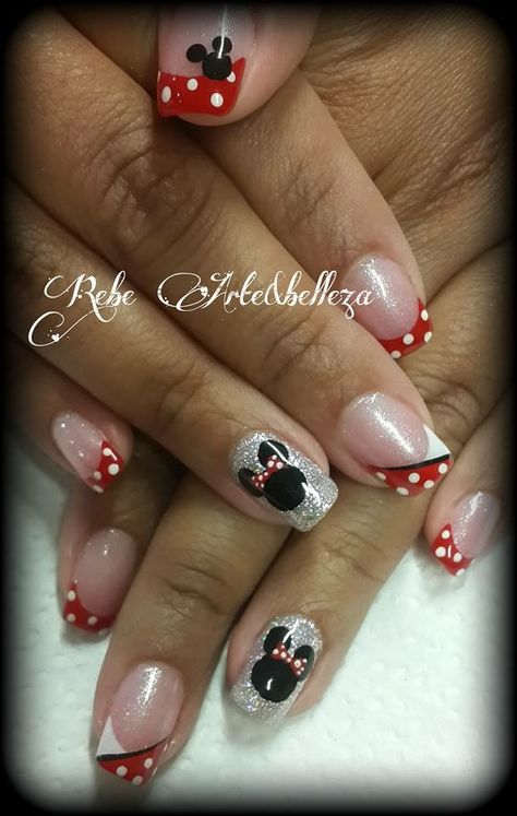 Disney Sns Nails Designs, Red Minnie Mouse Nails, Disney Nails Sparkle, Simple Disney Nails French Tips, Mini Mouse Nails Designs Nailart, Mikey Mouse Nails Art, Valentine Disney Nails, Disney Pedicure Ideas Toenails, Disney French Nails