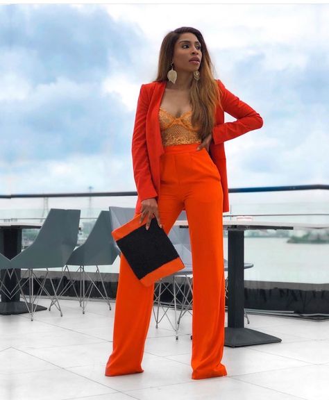 Classy on Instagram: “Dress up INSPO Fashion Style .. Follow @urbanflexywears @urbanflexywears .. @anitanice23 .. .. .. .. .. .. .. .. .. .. .. #instafashion…” Orange Suit Women, Prom Suits Women, Law Outfits, Formal Suits For Women, Orange Gown, Orange Suit, Corporate Dress, Neon Outfits, Office Women