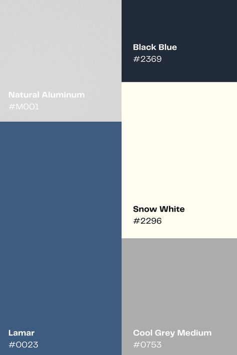 Blue blacks, light grays, and snowy whites are just a few of the colors inspired by the winter air in our new Interior 2.3 Essential collection. These neutral tones are great for accent colors, modern looks, and more. Enhance your interior space with a Fundermax decor. Interior Architectural Panels: Natural Aluminum #M001| Lamar #0023 | Black Blue #2369 | Snow White #2296 | Cool Grey Medium #0753 Explore this new collection by ordering free samples today: Industrial Blue Color Palette, Blue Grey Color Palette, Blue And Grey Bedroom Ideas, Blue And Grey Bedroom, Color Palets, White House Interior, Beige Color Palette, Gray And White Kitchen, Blue Exterior