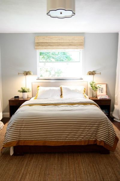 Short Headboard Under Window, Bed Under Window Small Room, Bed Under Windows, Bed Under Window, Bed In Front Of Window, Window Above Bed, Short Headboard, Brass Bedside, Small Bedroom Wardrobe