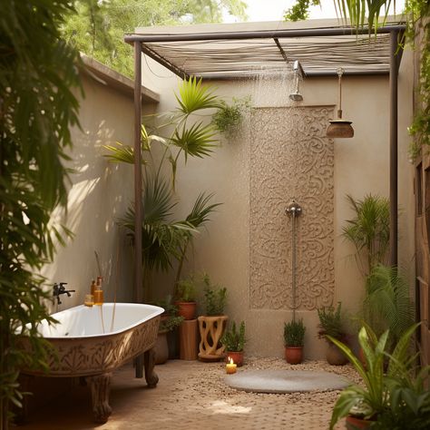 Bali Bathroom Outdoor, Outdoor Zen Garden, Bathroom Outside, Outdoor Shower Diy, Earth Bag Homes, Indoor Outdoor Bathroom, Outdoor Bathtub, Outdoor Bathroom Design, Shower Area