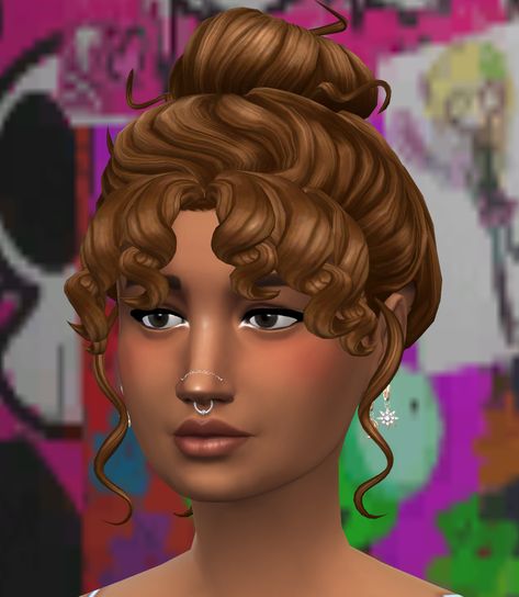 sim from the sims 4 with a messy bun and curled bangs (custom content) Sims 4 Messy Bun Cc, Sims 4 Cc Hair Messy Bun, Curly Bun Sims 4 Cc, Sims 4 Cc Hair Messy Bun Patreon, Sims 4 Bun Hair Maxis Match, Sims 4 Cc Maxis Match Hair Messy Bun, Sims 4 Messy Bun, Wingssims French Curl Hair, Sims 4 Cc Messy Hair