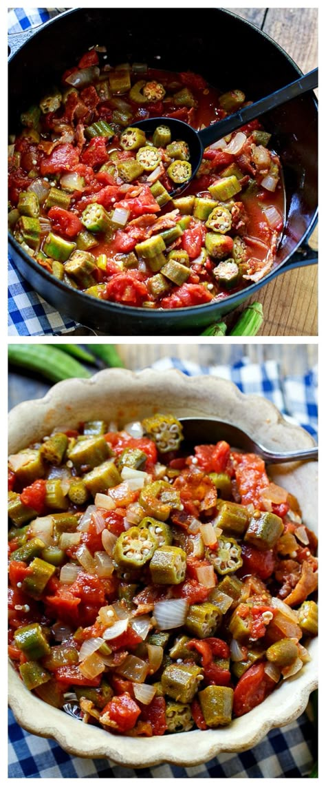 Stewed Okra and Tomatoes - a southern summertime favorite! Stewed Okra And Tomatoes, Stewed Okra, Arabisk Mad, Noodles Healthy, Okra And Tomatoes, Spicy Southern Kitchen, Okra Recipes, Recipes Rice, Southern Kitchen