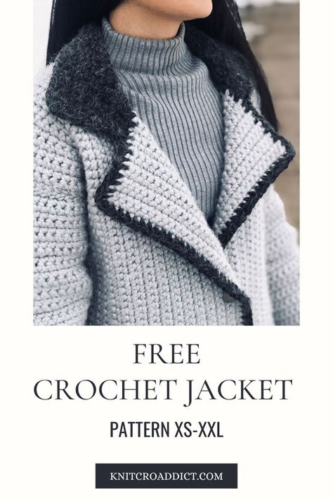 Learn how to make a modern crochet jacket with this free crochet jacket pattern and video tutorial. Includes women's sizes XS-XXL. #crochetpattern #moderncrochet #freecrochet Crochet Coat Free Pattern, Free Crochet Jacket Patterns, Crochet Coat Pattern, Crochet Jacket Pattern, Cardigan Au Crochet, Blazer Pattern, Pull Crochet, Crochet Vest Pattern, Crochet Collar