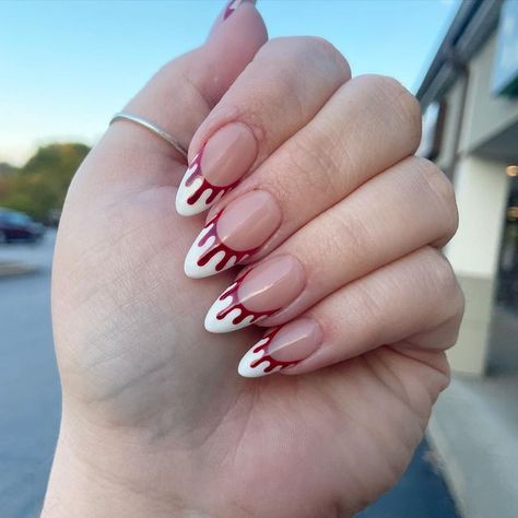 Pittsburgh Salon | Shawnie on Instagram: "Classic horror ✨🫠 - - - #halloweennails #horrornails #pittsburgh #pittsburghnailtech #frenchnails #blooddripnails" French Tip With Blood Nails, French Tip Blood Nails, Blood Drip Nails, Blood Nails, Horror Nails, Blood Drip, Black French Tips, White French Tip, Drip Nails