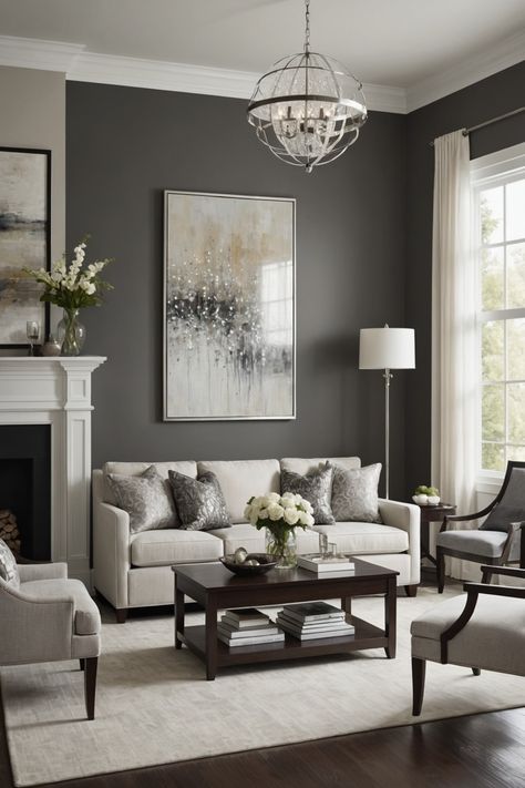 21 Living Room Wall Color Ideas – The Dear Lab Lounge Room Paint Colours, Grey Living Room With White Fireplace, Country Cottage Living Room Farmhouse Style, Dark Wall Colors For Living Room, Dark Grey Accent Wall Living Room, Gray Accent Wall Living Room, White Living Room Walls, Living Room Wall Color Ideas, Wall Colors For Living Room