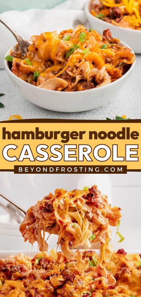 An easy dinner recipe with ground beef! It lets you have classic comfort food at its finest. Loaded with tomato sauce and creamy, cheesy goodness, this old fashioned Hamburger Noodle Casserole is super filling! Creamy Beef Noodle Casserole, Noodle And Hamburger Casserole, Easy Meals With Ground Beef And Noodles, Hamburger And Noodles Recipes, Hamburger And Egg Noodle Recipes, Hamburger Noodle Casserole Recipes, Ground Beef And Egg Noodle Recipes, Hamburger And Noodles, Recipes With Egg Noodles