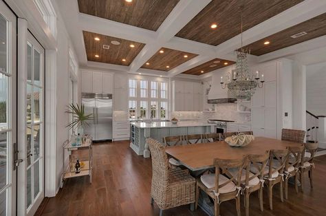 Delightfully chic beach house nestled along the Florida seaside Modern Kitchen Tiles, Kitchen Ceiling Design, Chic Beach House, Wooden Ceiling, Kitchen Ceiling, Kitchen And Dining Room, Wooden Ceilings, Living Room Ceiling, Coffered Ceiling