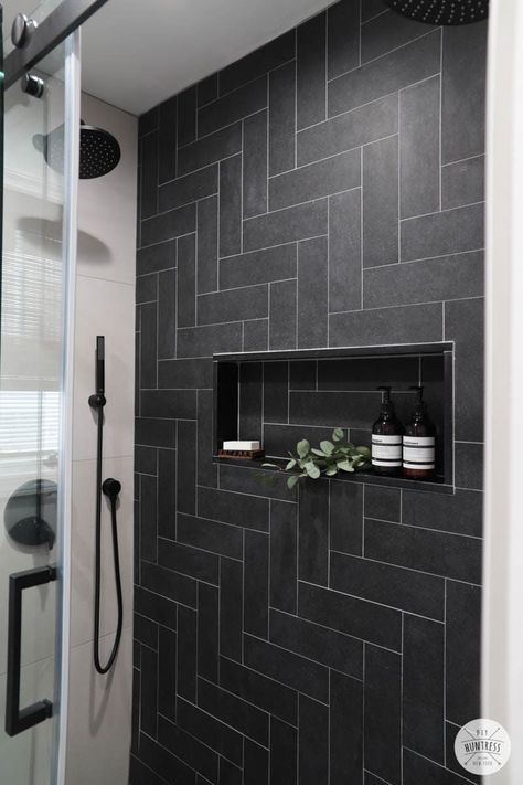 Modern Bathroom Makeover, Small Modern Bathroom, Black Tile Bathrooms, Small Bathroom Diy, Diy Bathroom Makeover, Modern Bathroom Remodel, Bilik Air, Small Bathroom Makeover, Bathroom Redesign