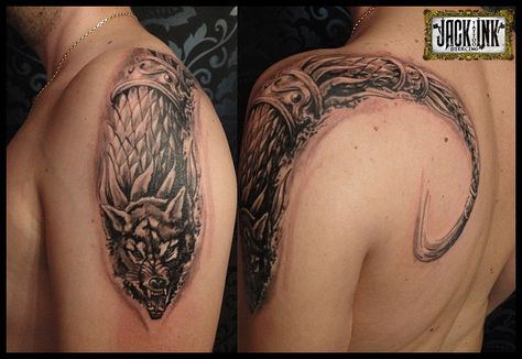 Dacian Draco Tattoo, Dacic Wolf Tattoo, Dacian Tattoo, Tattoo Baby, Dragon Wolf, Wolf Tattoos, Baby Tattoos, Wolf Tattoo, Polynesian Tattoo