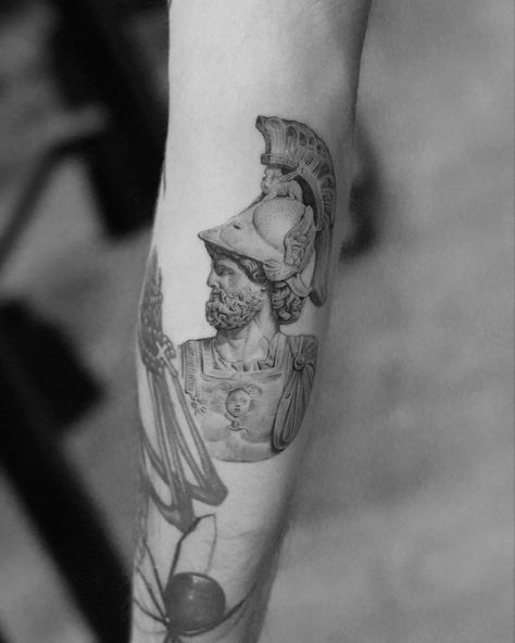 Single needle tattoo Mars Roman God Tattoo, Mars God Tattoo, Roman Soldier Tattoo, Noah Tattoo, Mars Tattoo, Greek God Tattoo, Soldier Tattoo, God Tattoo, Statue Tattoo