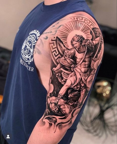 Upper Arm Tattoos For Guys, Archangel Michael Tattoo, St Michael Tattoo, Cover Up Tattoos For Men, Saint Tattoo, Photographer Tattoo, Jesus Tattoo Design, Geometric Tattoo Sleeve Designs, Archangel Tattoo