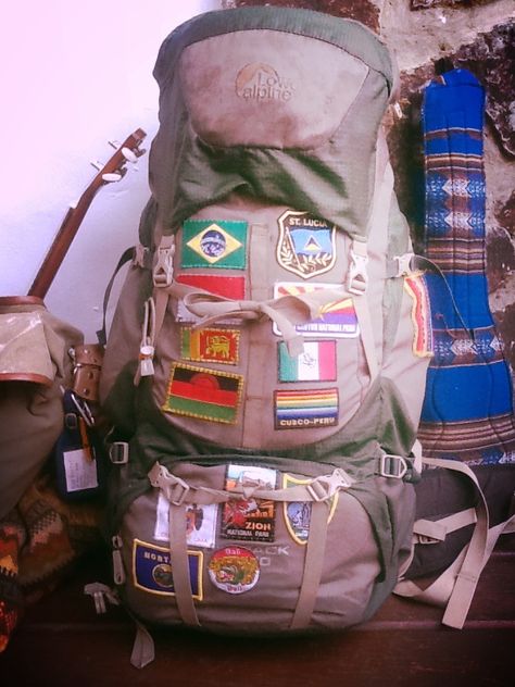 My home and family when travelling. Backpack, flag patches, ukulele, charango Travelling Backpack, Aesthetic Backpack, Backpack Patches, Travel Patches, Adventure Backpack, Hiking Bag, Flag Patches, Camping Backpack, Hiking Backpack