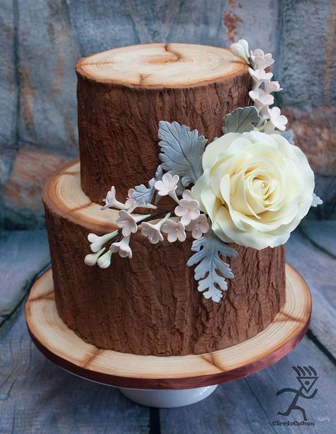 @ Tiered Wood Effect cake with Edible flowers & Leaves for Cuban Cake With Edible Flowers, Tree Stump Cake, Edible Flowers Cake, Woodland Cake, Wood Cake, Wedding Cake Rustic, Fall Wedding Cakes, Rustic Cake, Wedding Cakes Vintage