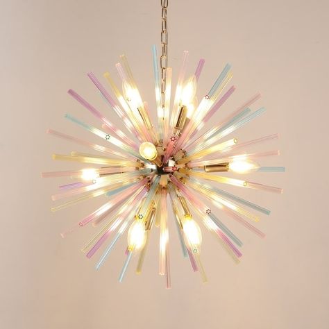 12-Light Modern Glam Linear Sputnik Chandelier for Dining Room Starburst Firework Island Pendant Light - 22 in. W x 22 in. H - On Sale - Bed Bath & Beyond - 40040151 Colorful Light Fixtures, Pastel Chandelier, Firework Chandelier, Kids Chandelier, Small Light Fixtures, Furniture 2023, 80s Interior Design, Decorating Rooms, Starburst Chandelier