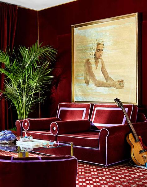 Poppy and Cara Delevingne's Hollywood home is too cool for words – take a look | HELLO! Hollywood Homes, Poppy Delevingne, All In The Family, Hand Painted Tiles, Custom Sofa, Arm Chairs Living Room, High Relief, Curtains With Rings, Painting Tile