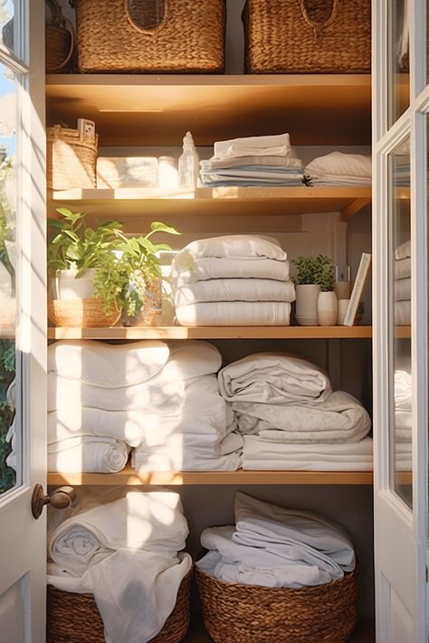 Narrow Linen Closet Ideas, Rv Linen Storage, Linens Closet Organization, Linen Dresser Storage, Towel And Bedding Storage, Linen Closet Aesthetic, Aesthetic Linen Closet, Linen Closet Inspiration, Closet Bins Storage