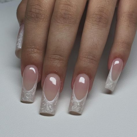 pearl tips 🤍✨🐚 #rgvnails #956nailtech Pearl White French Tip Nails Square, Square French With Pearls, Pearly Nails Square, Pearl French Tip Nails Square, Nail Designs With Pearls, Pearl Heart Nails, Pearl French Nails, Pearl Nails Design, Pearl French Tip Nails