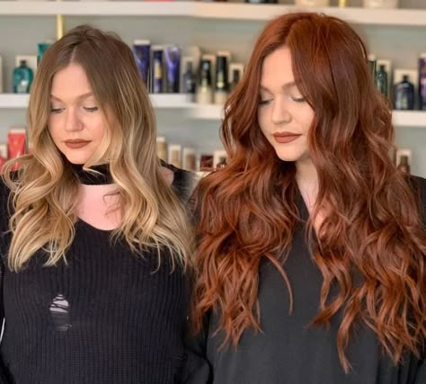 Auburn Redken Formula, Red Hair With Highlights Balayage, Redken Color Formulas Red, Auburn Hair Color Formulas Redken, Warm Medium Blonde Hair, Blonde Vs Red Hair, Redken Cowboy Copper Formula, Ginger Hair Transformation, Cowgirl Copper Hair Formula