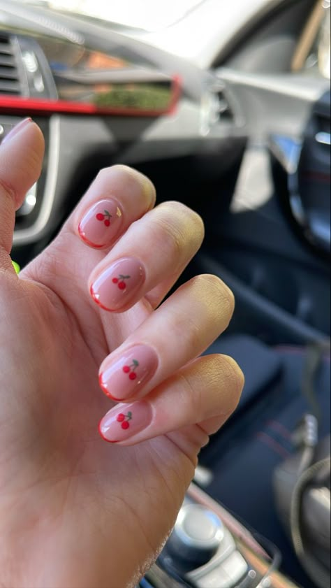 Short Nail Inspo Minimalist, Nailart For Short Nails Cute, Cherry Gel Nails Short, Cherry Nail Art Short, Simple Harry Styles Nails, Short Nails Art Spring, Cherry Nail Art Design, Cherry On Nails, Cherry Short Nails