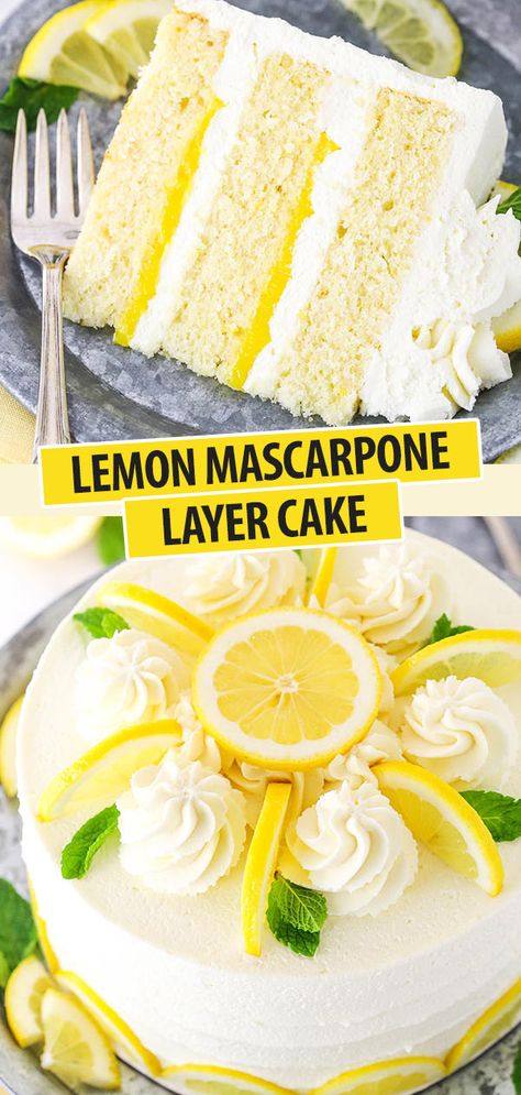 Looking for the ultimate lemon dessert recipe? This Lemon Mascarpone Layer Cake is it! Made with moist lemon cake, lemon curd & whipped mascarpone frosting! Whipped Mascarpone, Lemon Mascarpone, Mascarpone Cake, Moist Lemon Cake, Mascarpone Frosting, Cake Lemon, Lemon Curd Filling, Healthy Cake Recipes, Lemon Cake Recipe