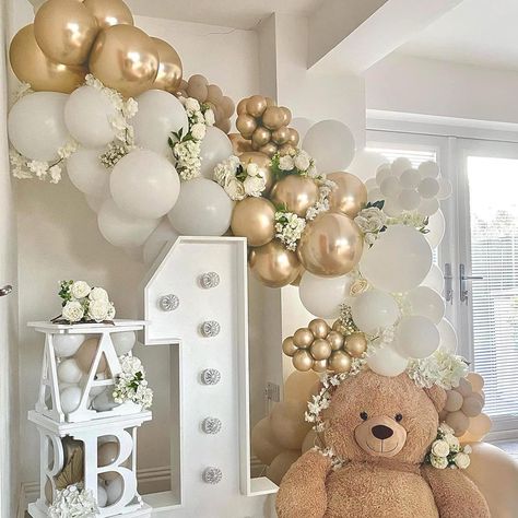 White Gold Balloon Garland Kit - 171pcs White and Gold Balloons Arch Kit, White Gold Balloon Wall for Birthday Party, Baby Shower,Wedding Bridal,First Communion Baptism Party Decorations White And Gold First Birthday, White Gold Balloon Garland, Baloon Wall, White And Gold Balloons, Baby Party Themes, Baptism Party Decorations, Gold Balloon Garland, Balloons Arch