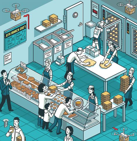 Eco Illustration, Cafe Layout, Teaching Kitchen, Ghost Kitchen, Bakery Shop Interior, Restaurant Kitchen Equipment, Lemonade Illustration, Bakery Shop Design, Bakers Kitchen