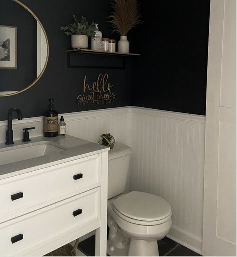 30 Amazing Wainscoting Bathroom Ideas You Will Love Shaker Style Wainscoting Bathroom, Bathroom Dark Grey Walls, Two Toned Bathroom Walls, Dark Wainscoting, Half Wall Decor, Bathroom Wainscoting Ideas, Half Bath Design, Bathroom Wainscoting, Black Wainscoting