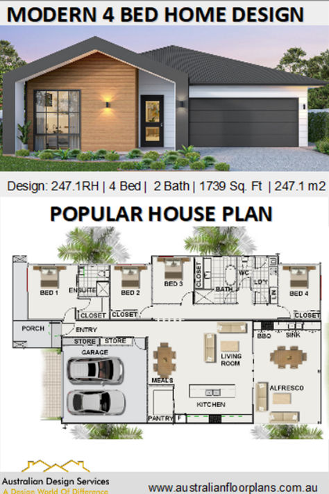 floor plan house design Modern House Plans 4 Bedroom, Residential Floor Plan, Large Covered Patio, Kitchen Large, Home Greenhouse, 4 Bedroom House Plans, Building House Plans Designs, Galley Kitchen, Modern House Plan