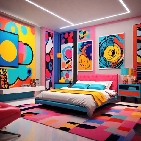 Playground - Pop art bedroom concept Pop Art Mural, Pop Art Bedroom, Interior Palette, Bedroom Concept, Apartment Stuff, Amazing Dresses, Trampoline Park, Art Bedroom, Create Art