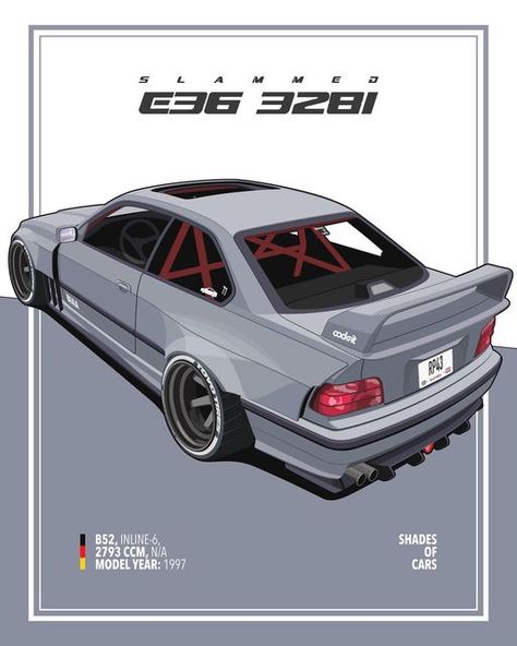 Bmw E34 Drawing, Bmw E36 Painting, Bmw E36 Wallpapers Drift, Bmw E30 M3 Poster, Need For Speed Cars, Bmw E36 Drift Car, Bmw Art, Slammed Cars, Racing Posters