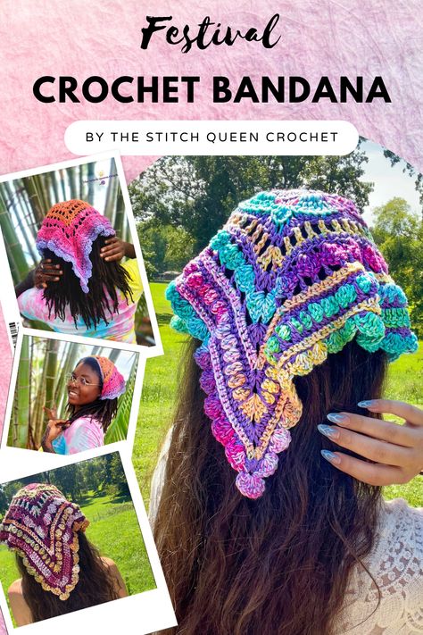 Maker your festival dreams come true this year by creating your own beautifully, unique, crochet bandana. Keep all your hair tucked away in style this festival season! There is a Free Video Tutorial + Paid Written Pattern Available! - Big Wanderlust Bandana by The Stitch Queen Crochet How To Style Crochet Bandana, Crochet Hair Bandana Tutorial, Crocheted Hair Bandana, Crochet Granny Stitch Headband, Crochet Hair Wraps Free Pattern, Festival Crochet Patterns Free, Crocheted Bandana Free Pattern, Free Bandana Crochet Pattern, Boho Crochet Headband Pattern Free