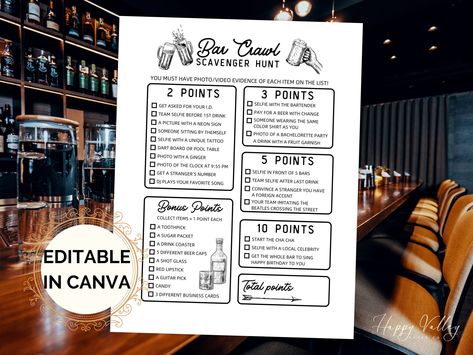 Bar Crawl Scavenger Hunt, Stag Party Games, Bachelor Party Games, Scavenger Hunt Riddles, Scavenger Hunt List, Scavenger Hunt Birthday, Night Games, Bar Crawl, Guys Night