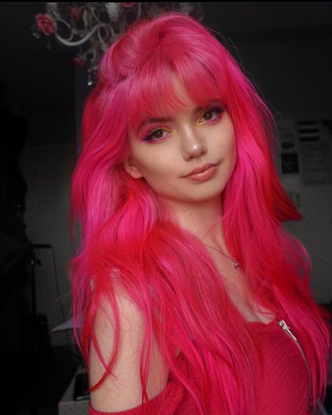 Neon Pink Hair Aesthetic, Red And Hot Pink Hair, Hot Pink Hair Aesthetic, Cherry Cider, Pink Hair Makeup, Pink And Red Hair, Red And Pink Hair, Neon Pink Hair, Red Pink Hair