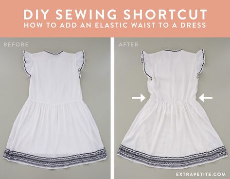 When I first blogged about this adorable dress, I mentioned the waist ran wide and suggested a few easy DIY "fixes." Per your requests, here's a step-by-step tutorial for one of my favorite quick tricks to make a garment fit better: by adding a partial elasticized waist. This is a total shortcut method, but it takes 10 minutes, it's comfortable, and it's easy to undo if you gain some weight later! Elastic Waistband Tutorial, Diy Elastic, Diy Fashion Trends, Diy Clothes Refashion, Extra Petite, Diy Clothes Videos, Sewing Elastic, Elastic Waist Dress, Dress Tutorials